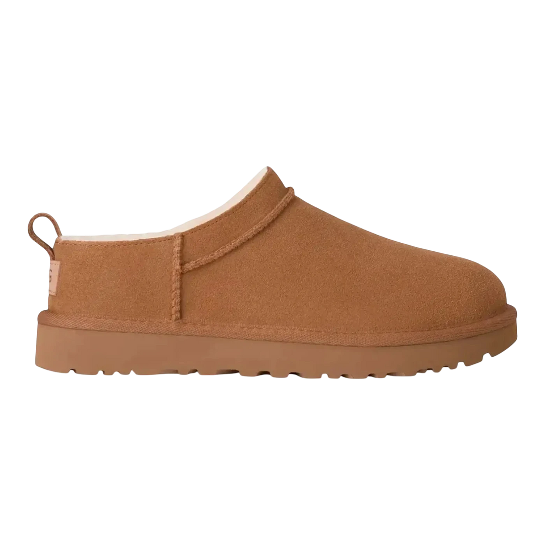 HypeSelection UGG Classic Micro Boot in Chestnut, a low-profile suede slipper with sheepskin lining and EVA sole.