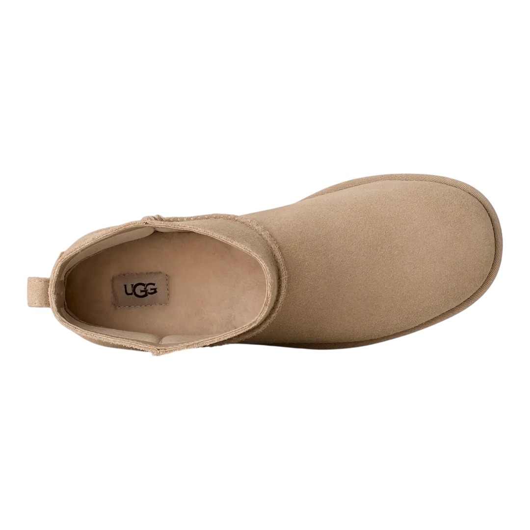HypeSelection UGG Classic Mini Deconstructed boot in sand suede, top-down view showing wool-blend interior lining.