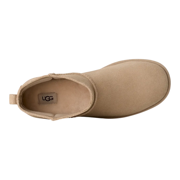 HypeSelection UGG Classic Mini Deconstructed boot in sand suede, top-down view showing wool-blend interior lining.