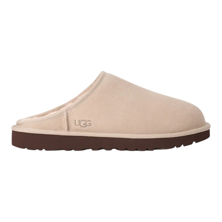 HypeSelection UGG Classic slip-on slipper in moonlight beige suede with a dark brown EVA outsole and plush lining.