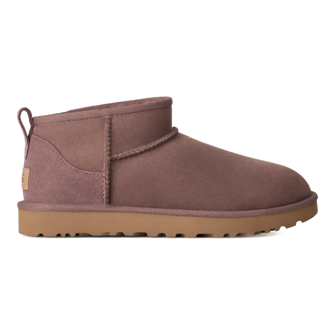 HypeSelection UGG Classic Ultra Mini boot in Portobello brown suede with an asymmetrical topline and pull tab.
