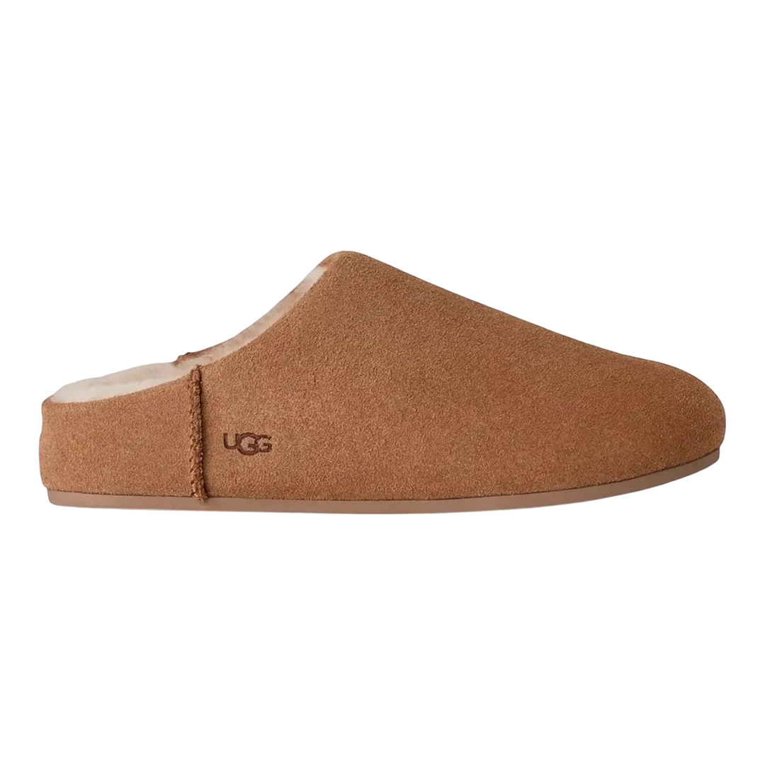 HypeSelection UGG Elea women's chestnut suede slip-on slipper with plush sheepskin lining.