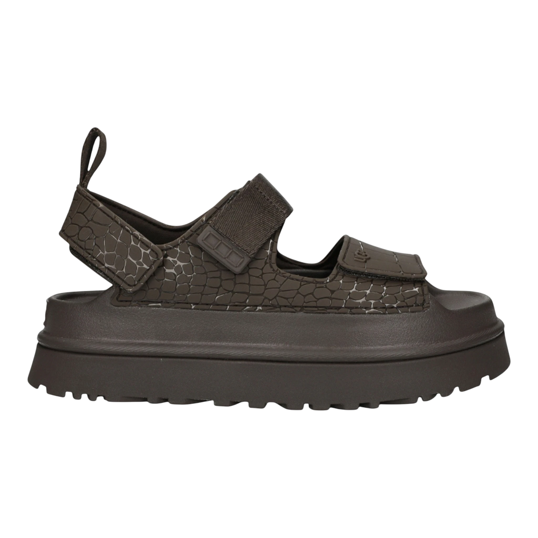 HypeSelection UGG GoldenGlow women's sandal in Dense Smoke grey. Features a chunky platform sole, adjustable hook-and-loop straps, and a textured footbed.