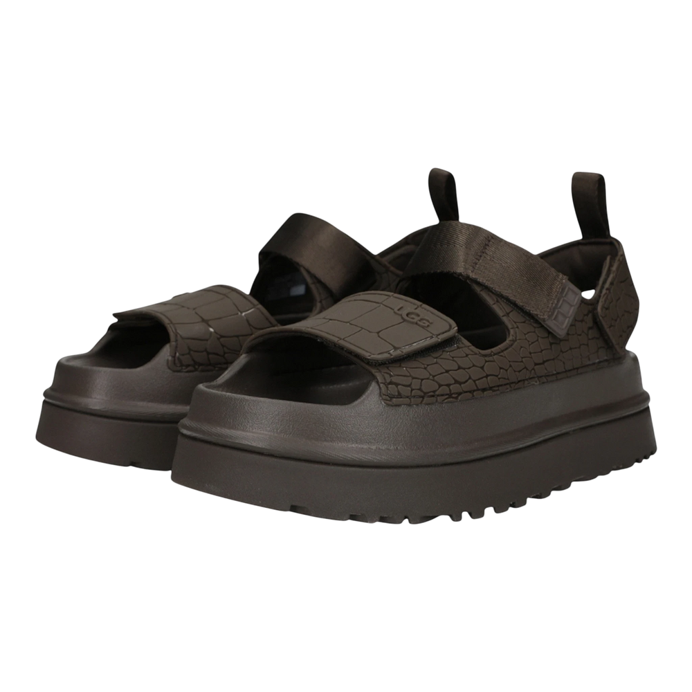 HypeSelection Women's UGG GoldenGlow platform sandals in Dense Smoke grey with adjustable straps and crocodile-embossed detailing.