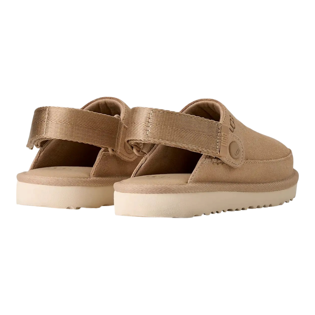 HypeSelection UGG Goldenstar Clog in sand suede with an adjustable heel strap and lightweight EVA outsole.