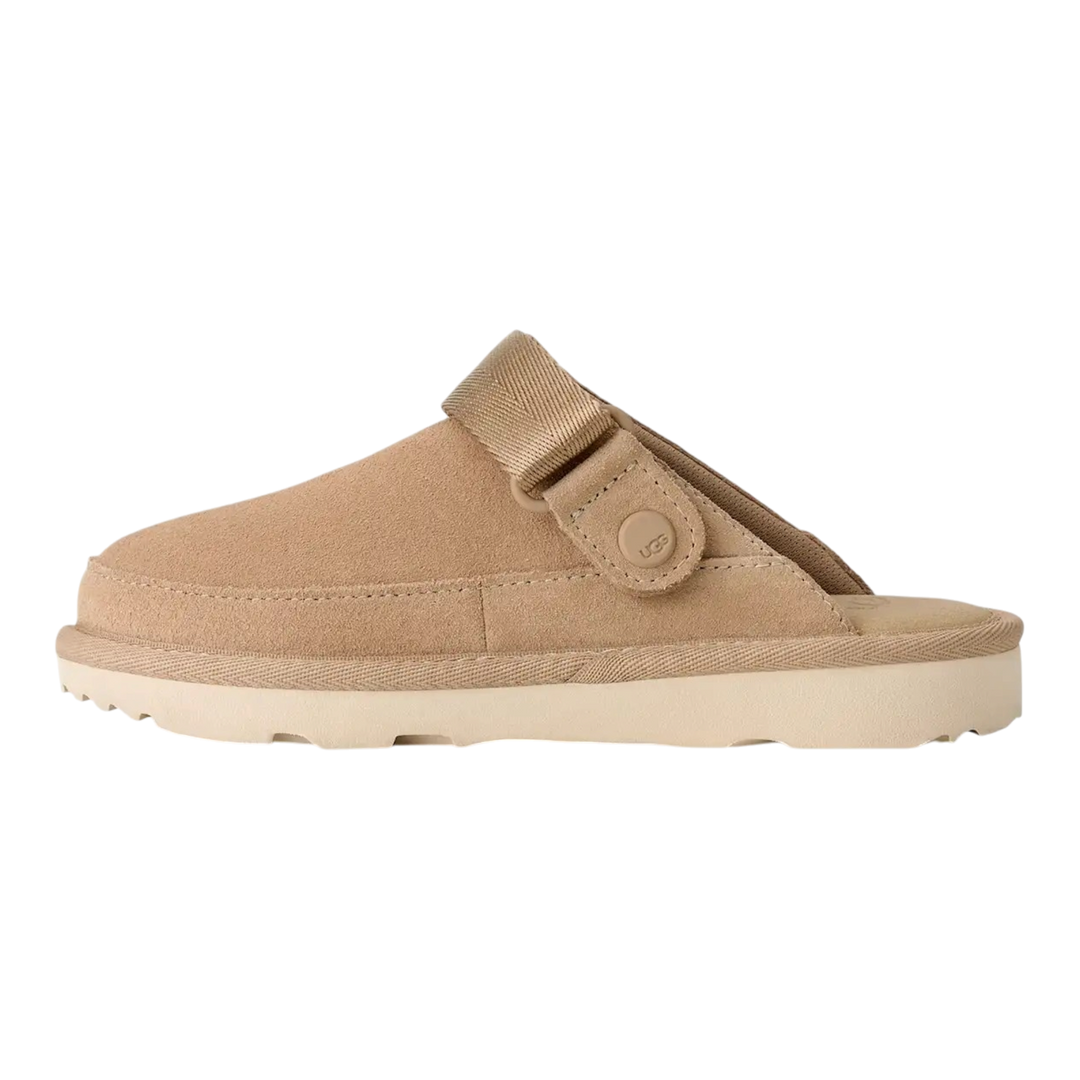 HypeSelection UGG kids Goldenstar clog in sand suede with an adjustable heel strap and lightweight EVA outsole