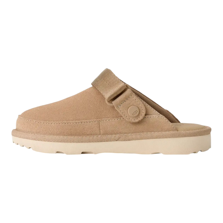 HypeSelection UGG kids Goldenstar clog in sand suede with an adjustable heel strap and lightweight EVA outsole