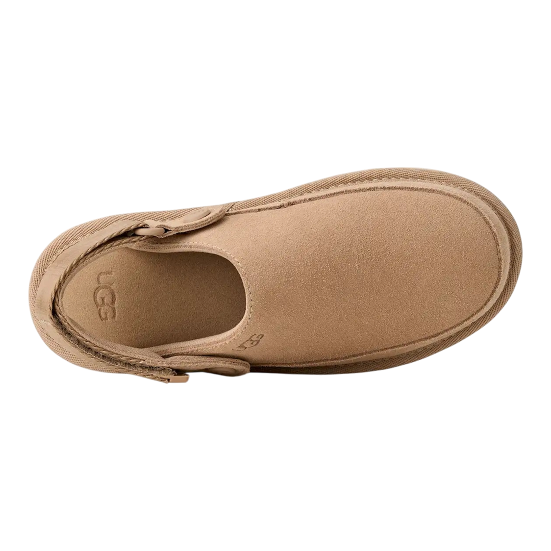 HypeSelection kids UGG Goldenstar Clog in sand suede with an adjustable heel strap and lightweight EVA outsole