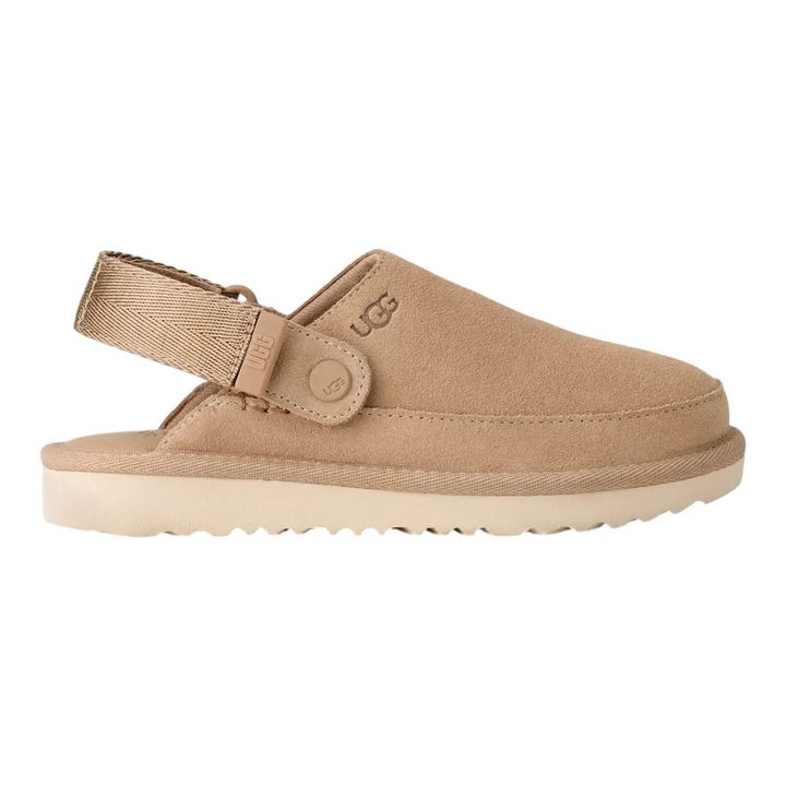 HypeSelection UGG Goldenstar Clog for kids in sand suede with an adjustable heel strap and lightweight EVA outsole