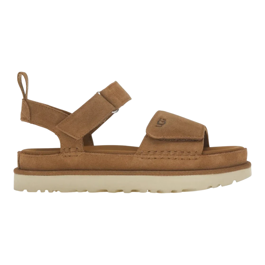 HypeSelection women's UGG Goldenstar platform sandal in chestnut suede with adjustable straps and cushioned EVA footbed.