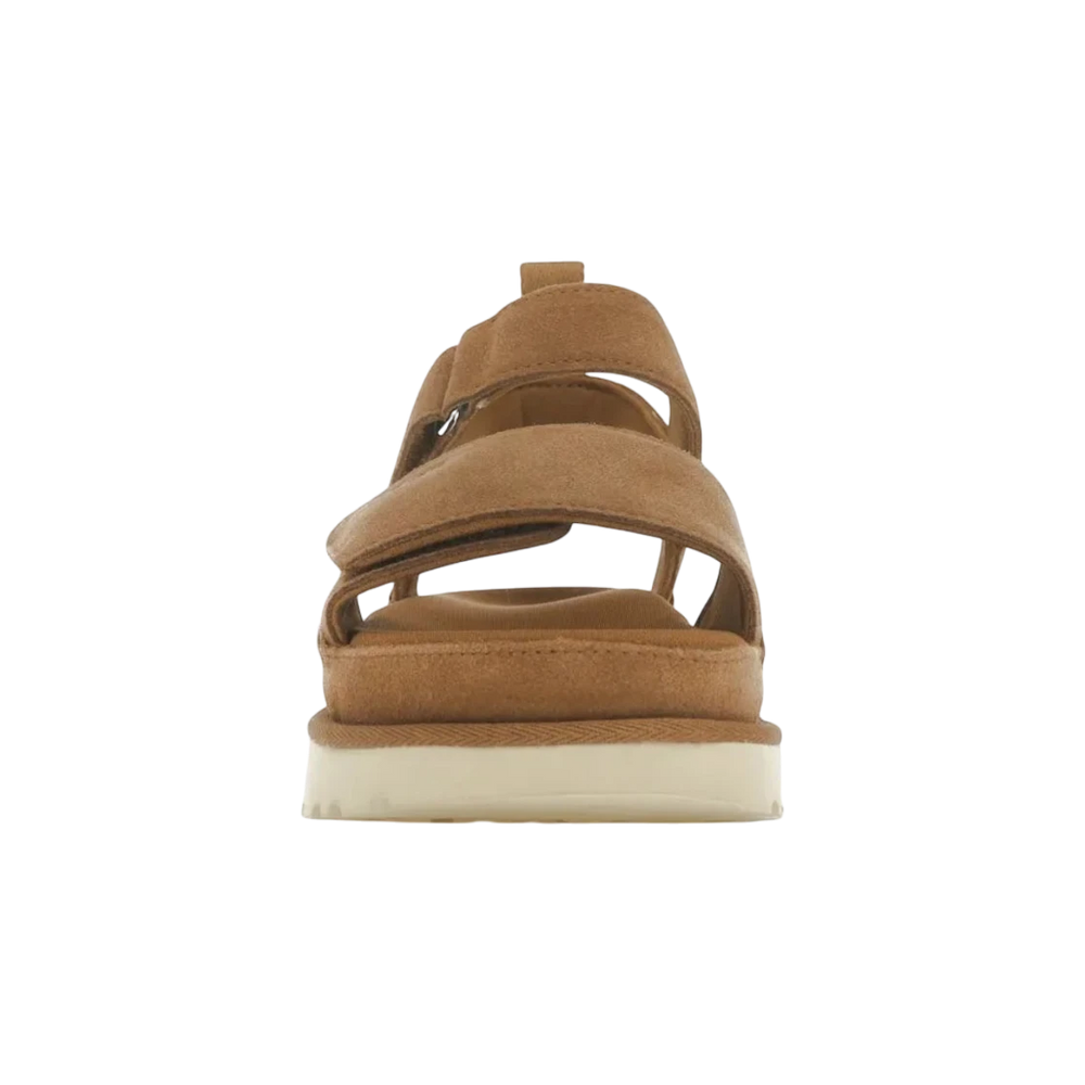 HypeSelection women's UGG Goldenstar platform sandals in chestnut suede with adjustable straps and cushioned EVA footbed.