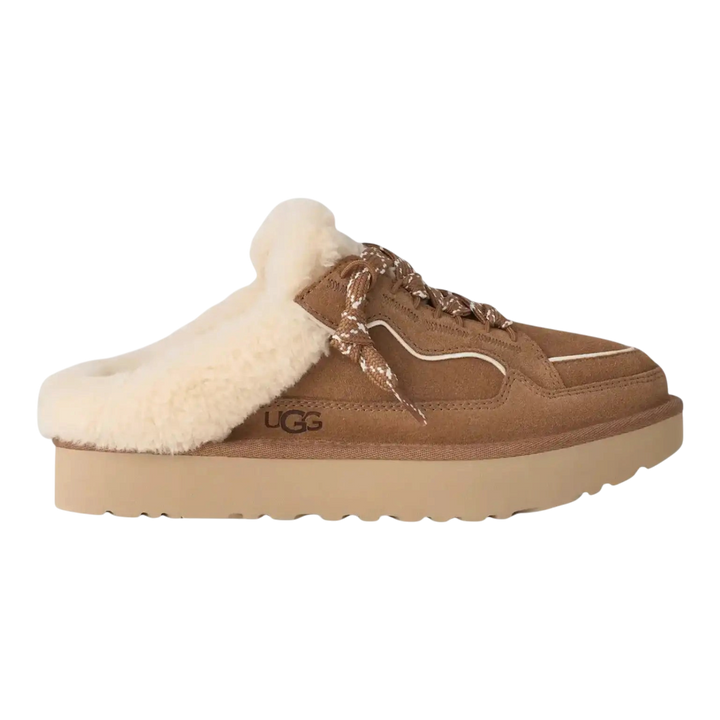 HypeSelection UGG Lowmel mule in chestnut suede with cream curly wool lining and thick EVA platform sole
