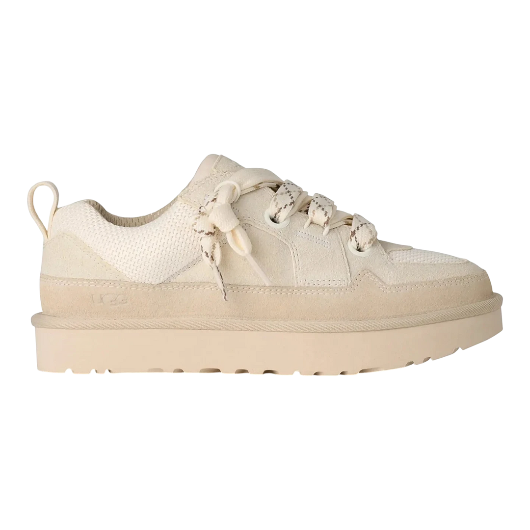 HypeSelection UGG Lowmel Lo Sneaker in Jasmine, a low-profile suede and textile sneaker with oversized laces and a thick EVA sole.