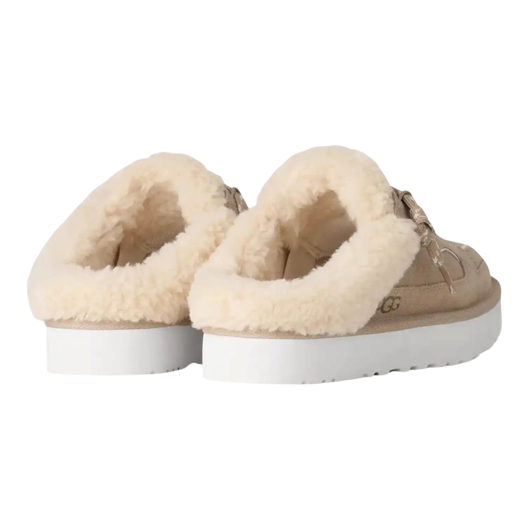 HypeSelection UGG Lowmel Mule in Moonlight beige suede with cream curly wool lining and white EVA platform sole