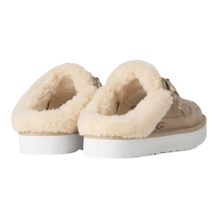 HypeSelection UGG Lowmel Mule in Moonlight beige suede with cream curly wool lining and white EVA platform sole