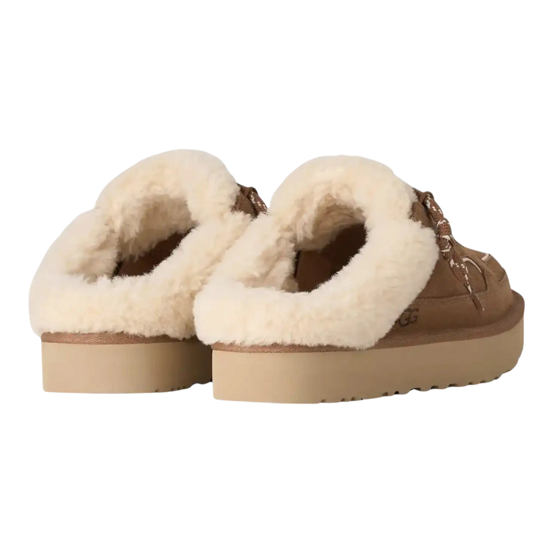 HypeSelection UGG Lowmel Mule in chestnut suede with plush cream wool lining and thick EVA platform sole, rear view.