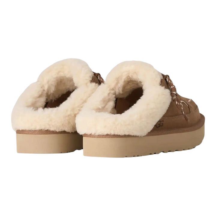 HypeSelection UGG Lowmel Mule in chestnut suede with plush cream wool lining and thick EVA platform sole, rear view.