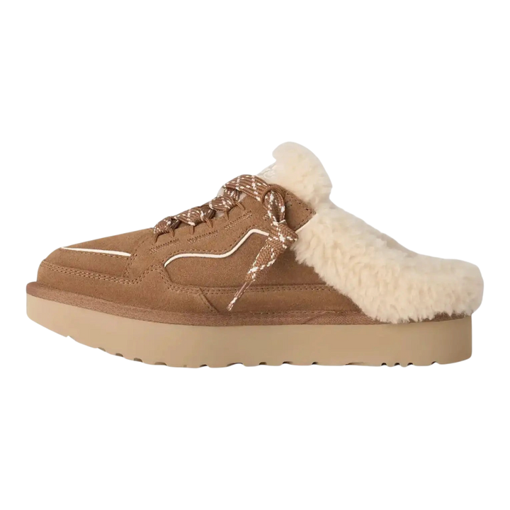 HypeSelection UGG Lowmel mule in chestnut suede with a cream curly wool lining and oversized padded tongue.