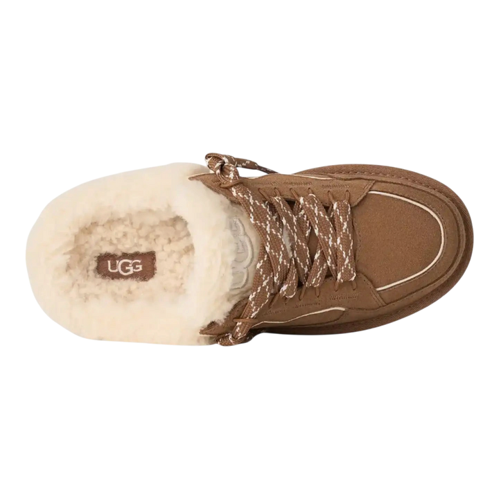 HypeSelection UGG Lowmel mule in chestnut suede with a curly wool lining and oversized padded tongue, top view.