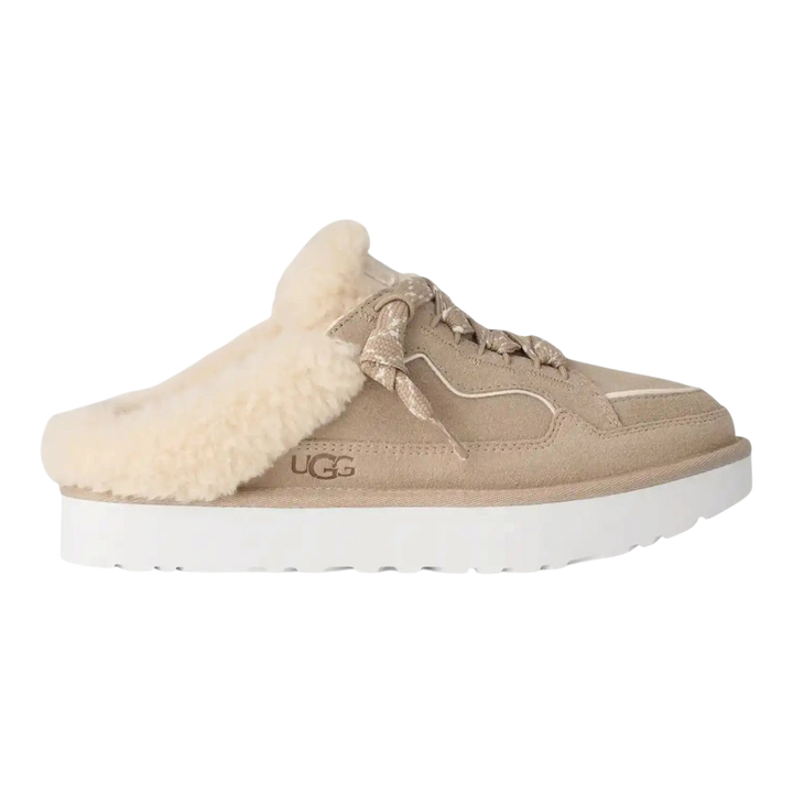 HypeSelection UGG Lowmel mule in moonlight beige suede with curly wool lining and white EVA platform outsole