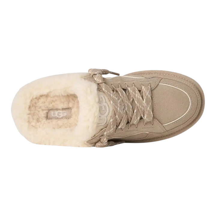 HypeSelection UGG Lowmel Mule in Moonlight beige suede with curly wool lining and oversized padded tongue