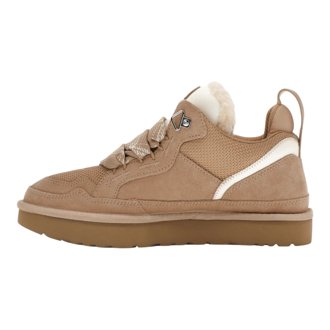 HypeSelection UGG Lowmel sneaker in sand suede and mesh with oversized tongue and plush lining, side view