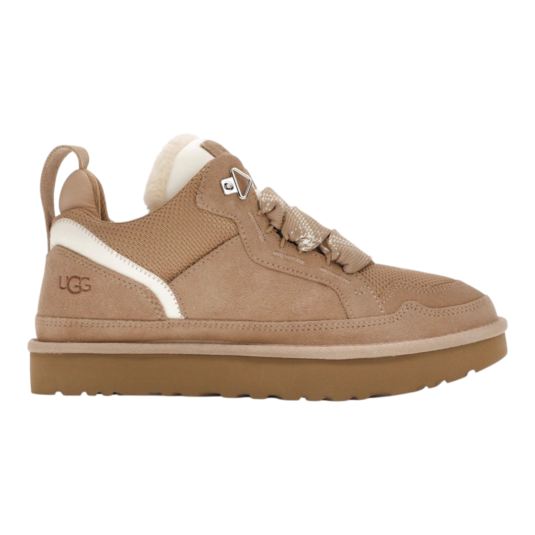 HypeSelection UGG Lowmel sneaker in sand suede and canvas with an oversized padded tongue and plush wool lining