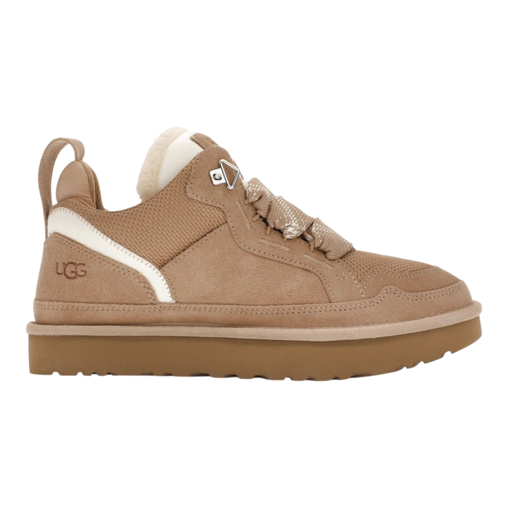 HypeSelection UGG Lowmel sneaker in sand suede and canvas with an oversized padded tongue and plush wool lining