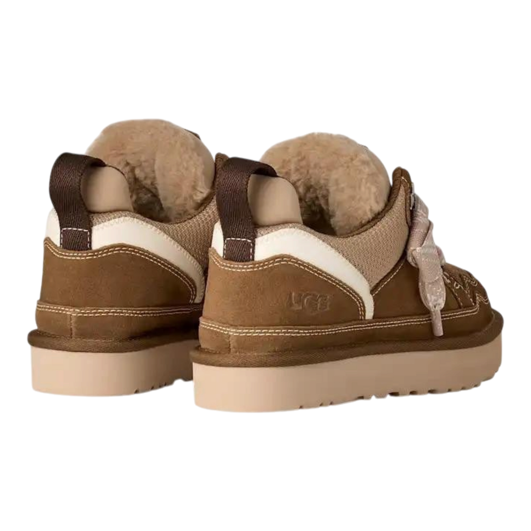 HypeSelection UGG Lowmel sneakers in light bronze suede and canvas with plush wool lining and thick EVA sole, rear view