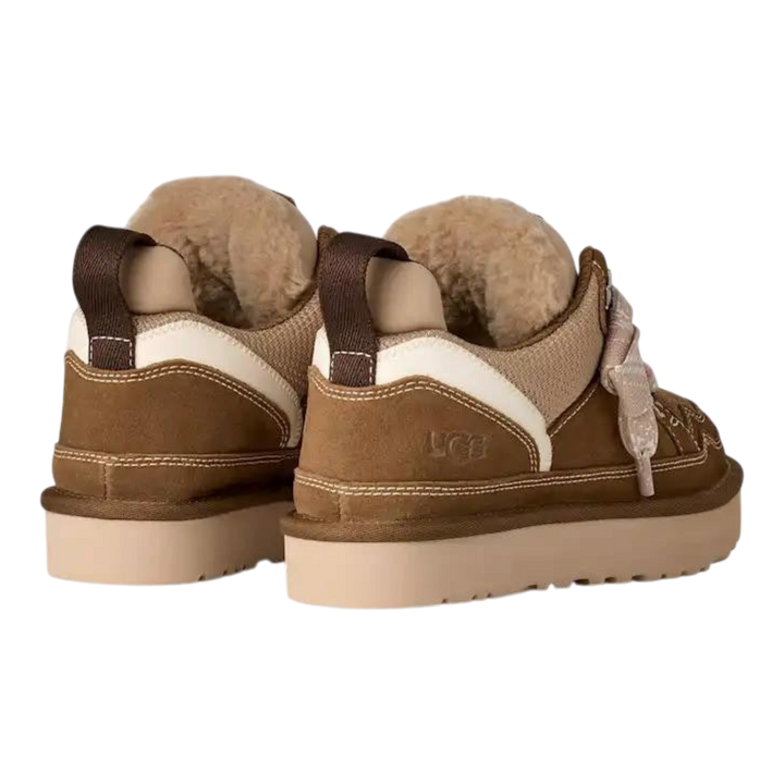 HypeSelection UGG Lowmel sneakers in light bronze suede and canvas with plush wool lining and thick EVA sole, rear view