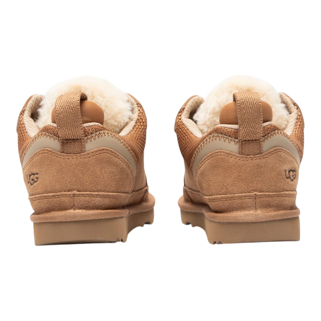 HypeSelection kids UGG Lowmel sneakers in chestnut suede and textile with plush lining, rear view.