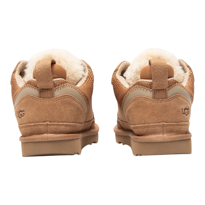 HypeSelection kids UGG Lowmel sneakers in chestnut suede and textile with plush lining, rear view.