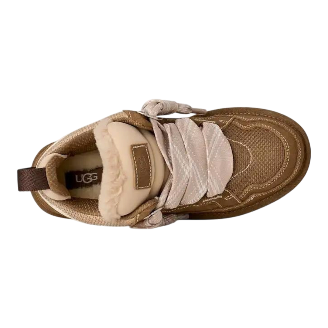 HypeSelection UGG Lowmel sneaker in light bronze featuring suede, ballistic canvas, and an oversized padded tongue.