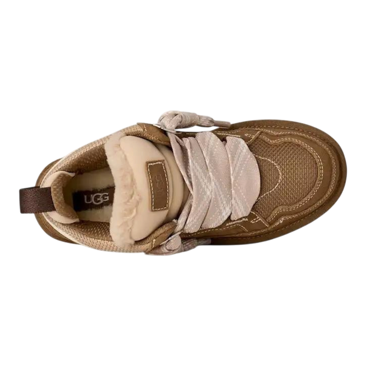 HypeSelection UGG Lowmel sneaker in light bronze featuring suede, ballistic canvas, and an oversized padded tongue.