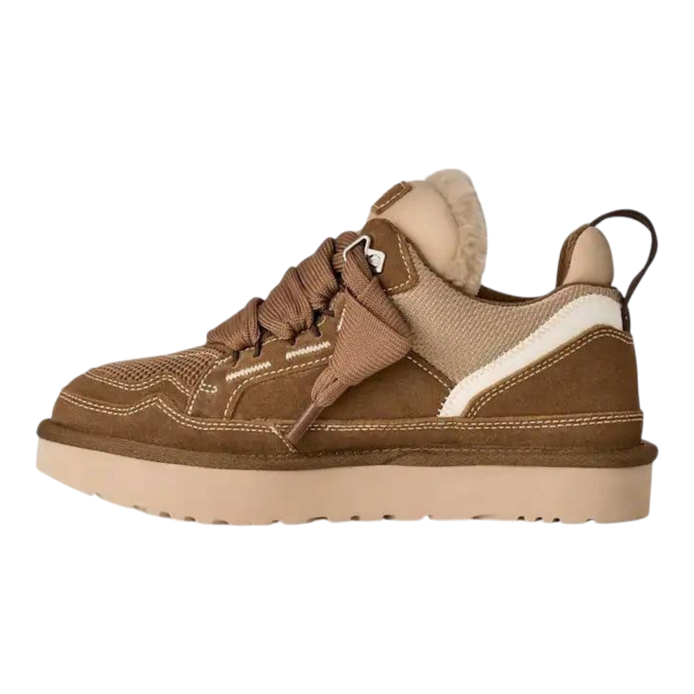 HypeSelection UGG Lowmel sneaker in light bronze featuring suede, ballistic canvas, and an oversized padded tongue.