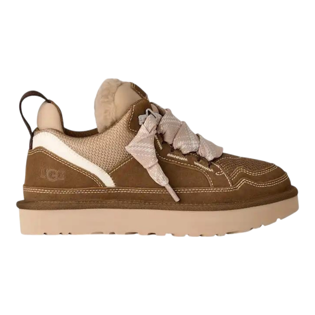 HypeSelection UGG Lowmel sneaker in light bronze featuring suede, ballistic canvas mesh, and an oversized tongue.