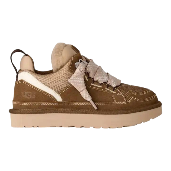 HypeSelection UGG Lowmel sneaker in light bronze featuring suede, ballistic canvas mesh, and an oversized tongue.