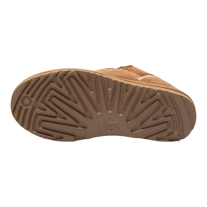 HypeSelection kids UGG Lowmel sneaker in chestnut suede showing the textured sugarcane EVA outsole tread pattern