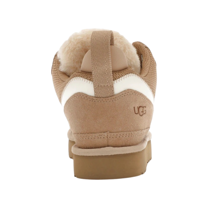 HypeSelection UGG Lowmel sneaker in sand suede and mesh, rear view showing the plush lining and heel pull tab