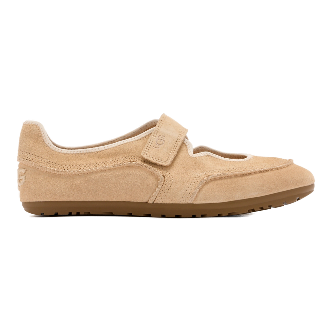 HypeSelection UGG Quill Mary Jane in sand castle suede with an adjustable webbing strap and rubber outsole.