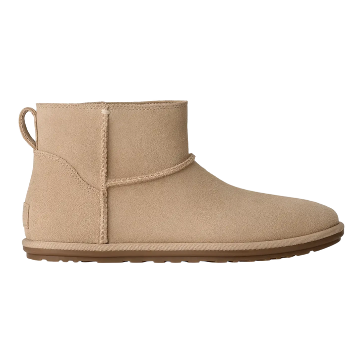 HypeSelection UGG Classic Mini Deconstructed boot in sand suede with a relaxed ankle-height profile and flat outsole.