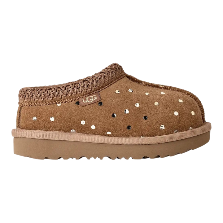 HypeSelection toddler UGG Tasman II chestnut slipper featuring metallic gold dots and a plush sheepskin lining.