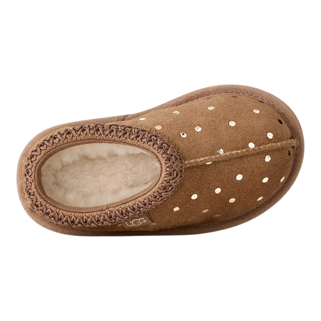 HypeSelection toddler UGG Tasman II chestnut sheepskin slipper with metallic gold dots and plush lining, top view.