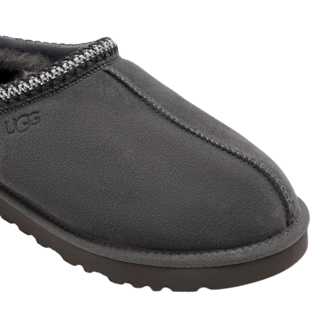 HypeSelection UGG Tasman II slipper in dark grey suede with signature braided collar and plush sheepskin lining.