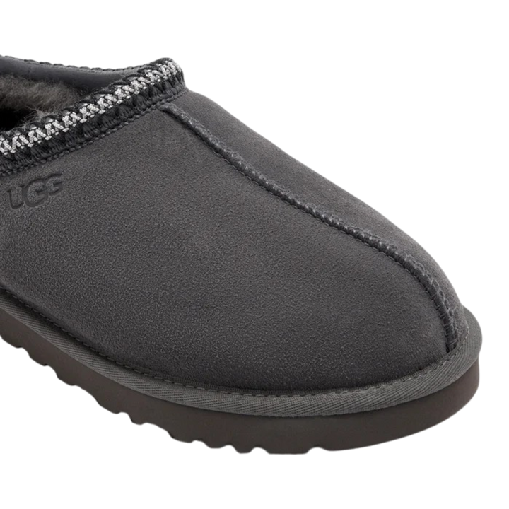 HypeSelection UGG Tasman II slipper in dark grey suede with signature braided collar and plush sheepskin lining.