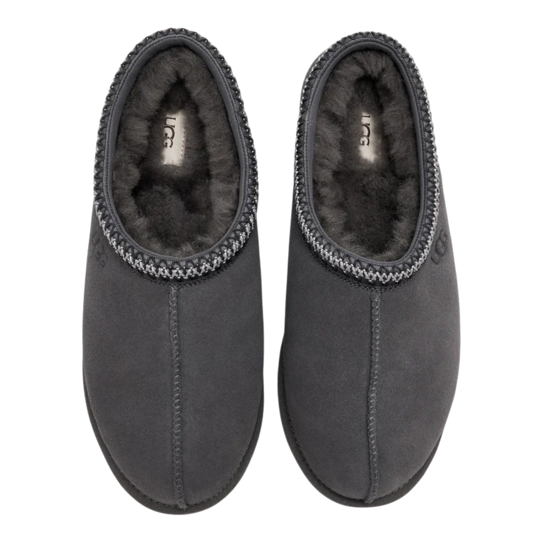HypeSelection UGG Tasman II slippers in dark grey suede with signature braided collar and plush sheepskin lining.