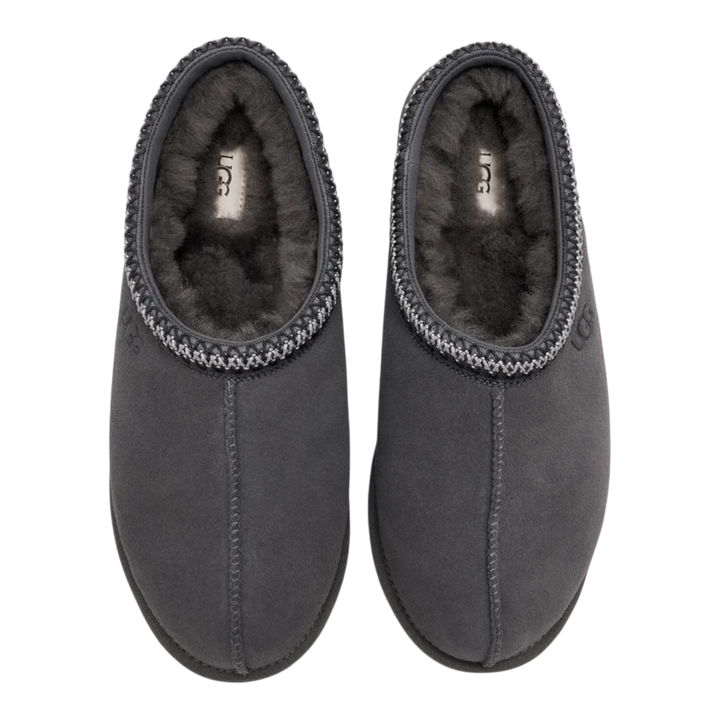 HypeSelection UGG Tasman II slippers in dark grey suede with signature braided collar and plush sheepskin lining.