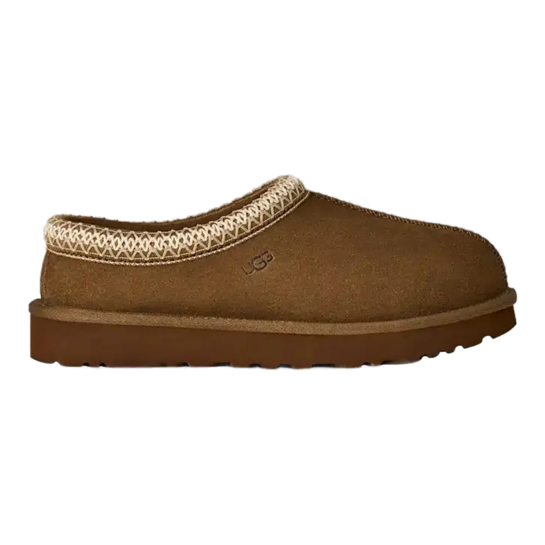 HypeSelection UGG Tasman II slipper in light bronze suede with signature UGGbraid collar and sheepskin lining