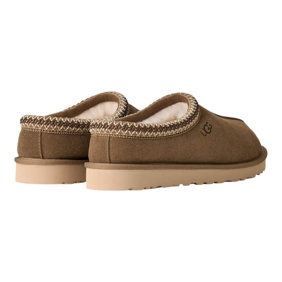 HypeSelection UGG Tasman II slippers in light bronze suede with signature UGGbraid trim and plush wool-blend lining.