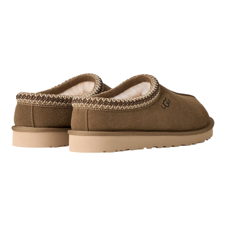 HypeSelection UGG Tasman II slippers in light bronze suede with signature UGGbraid trim and plush wool-blend lining.
